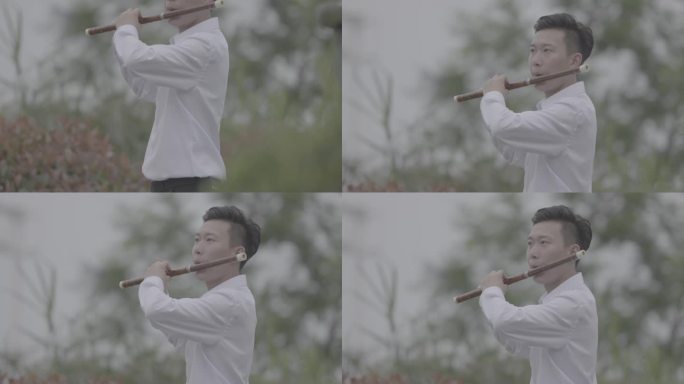 【4K灰度】男子长笛表演男生吹笛子