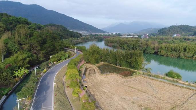 广州市梅州客天下景区山村河流航拍4K