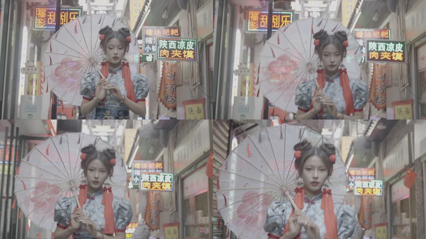 中国风长沙国潮女孩太平街打伞行走灰度拍摄