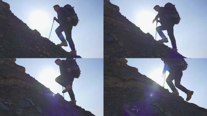 背包客脚步逆光徒步前行特写 登山包