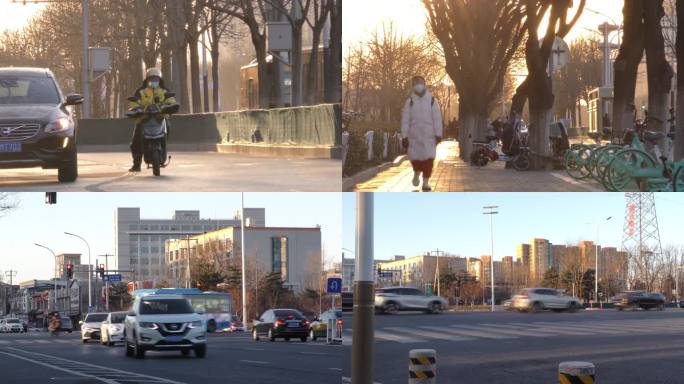 夕阳街道行人骑电动车寒冷下班回家过马路