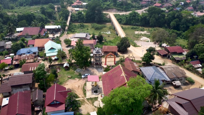 老挝空镜 乡村田野村庄 乡村公路航拍