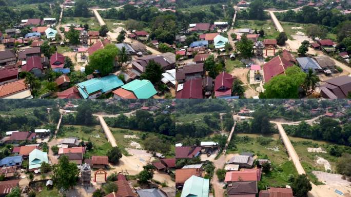 老挝空镜 乡村田野村庄 乡村公路航拍