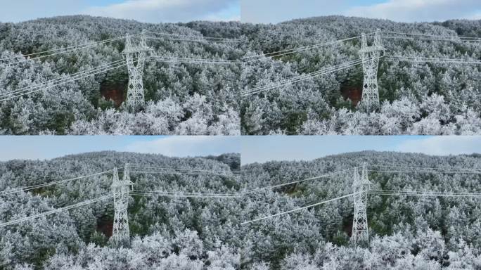 冰雪天气山间高架线高架电塔