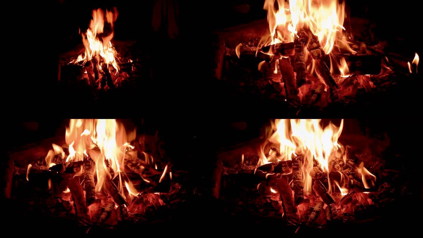 木柴燃烧火焰篝火柴火堆火盆炭火取暖
