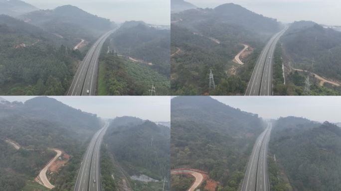 雨后高速公路雾天高速道路航拍雨天公路车辆