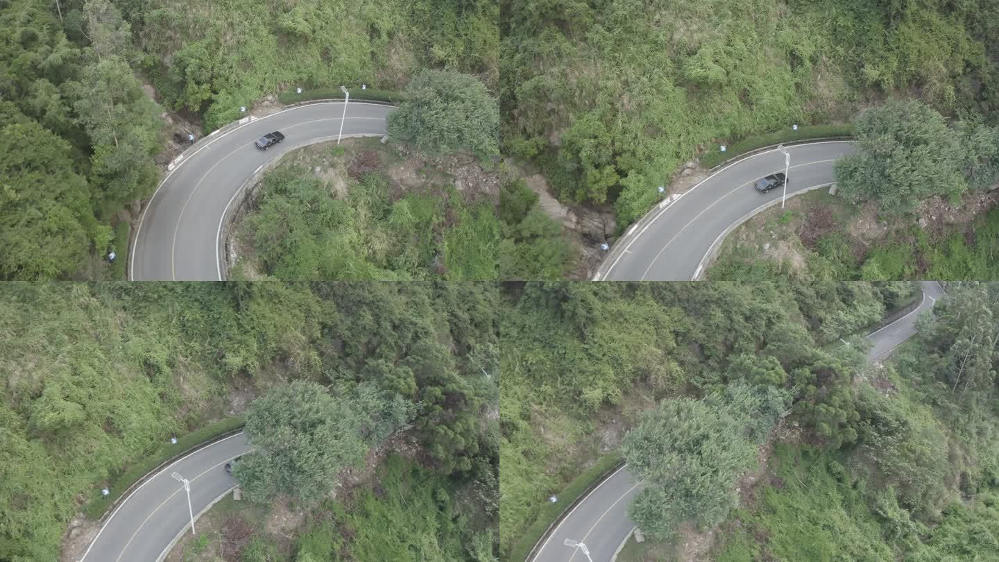 盘山公路 桑坦纳 黑色 复古车 黑色航拍