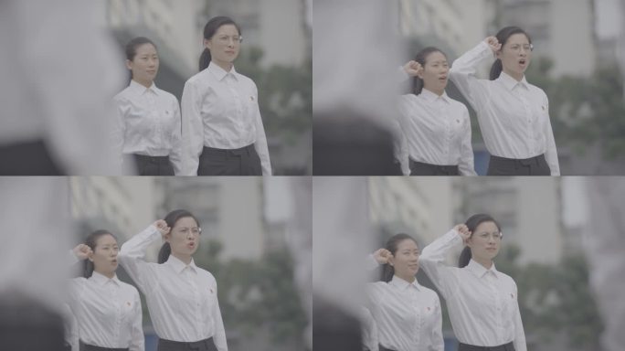 【4K灰度】衬衫女子举拳宣誓党员宣誓