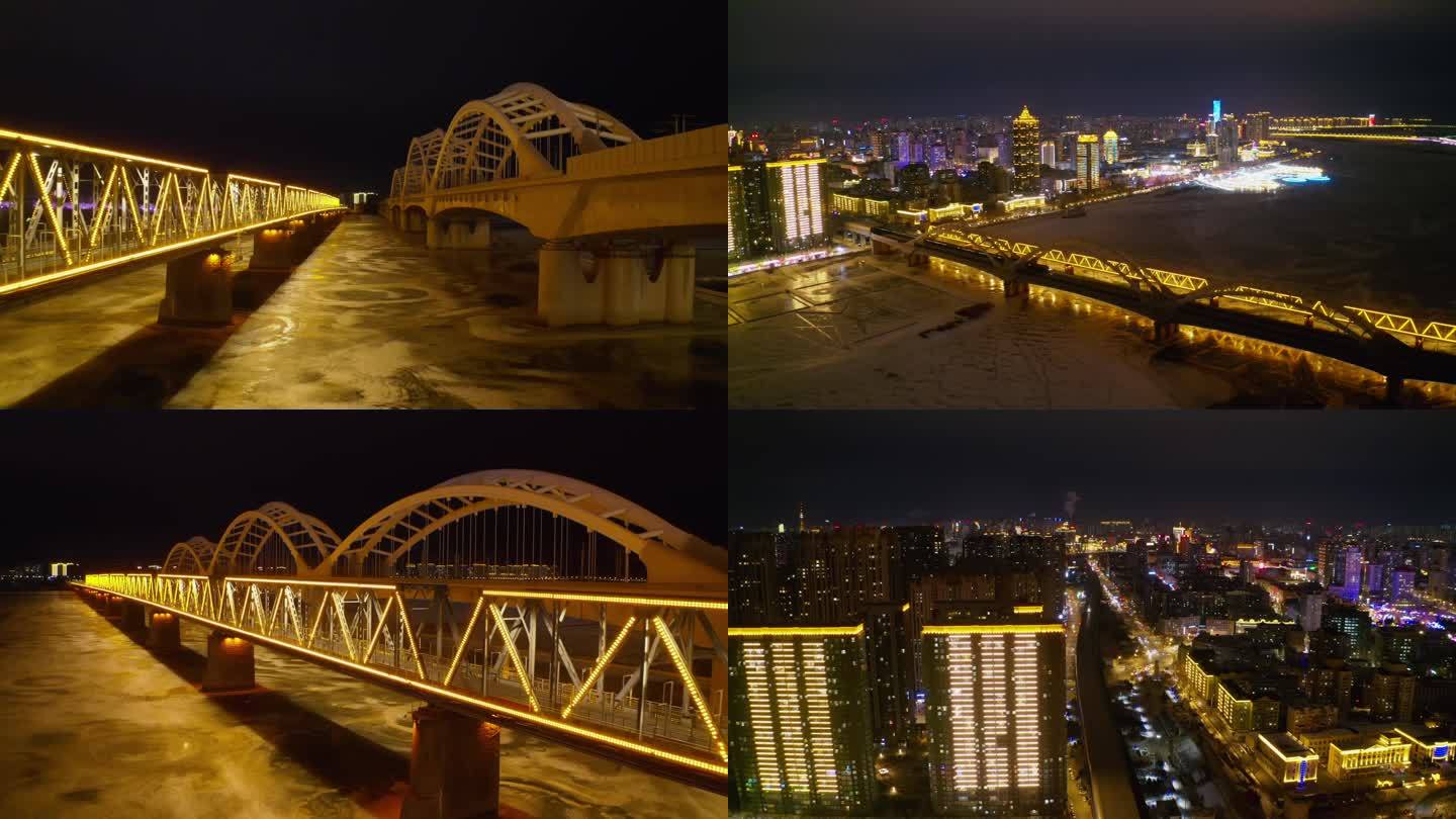 松花江滨洲铁路桥夜景