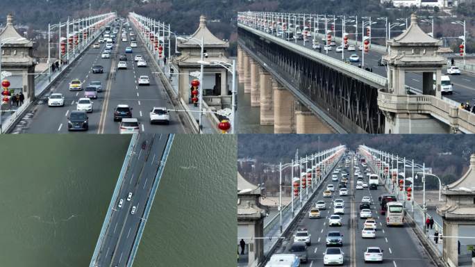挂满红灯笼节日气氛的长江大桥