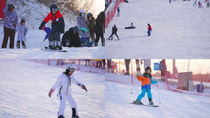 滑雪场的大人小孩学滑雪