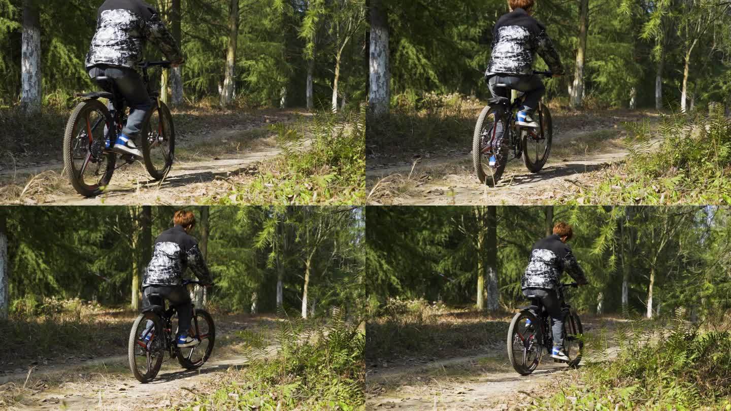 骑自行车穿过林间小道阳光少年户外骑行背影
