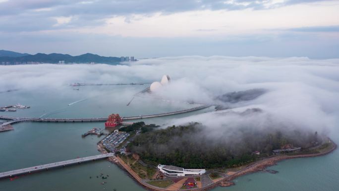 珠海日月贝大剧院平流雾云海航拍延时