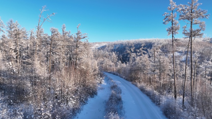 航拍林海雪原雪林山路