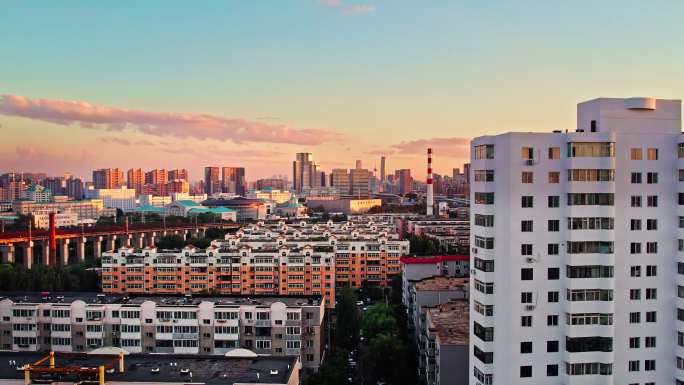 辽宁沈阳夕阳晚霞日落城市风景航拍