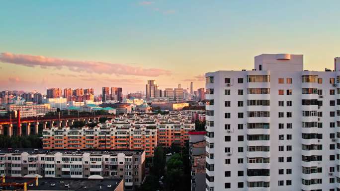 辽宁沈阳夕阳晚霞日落城市风景航拍