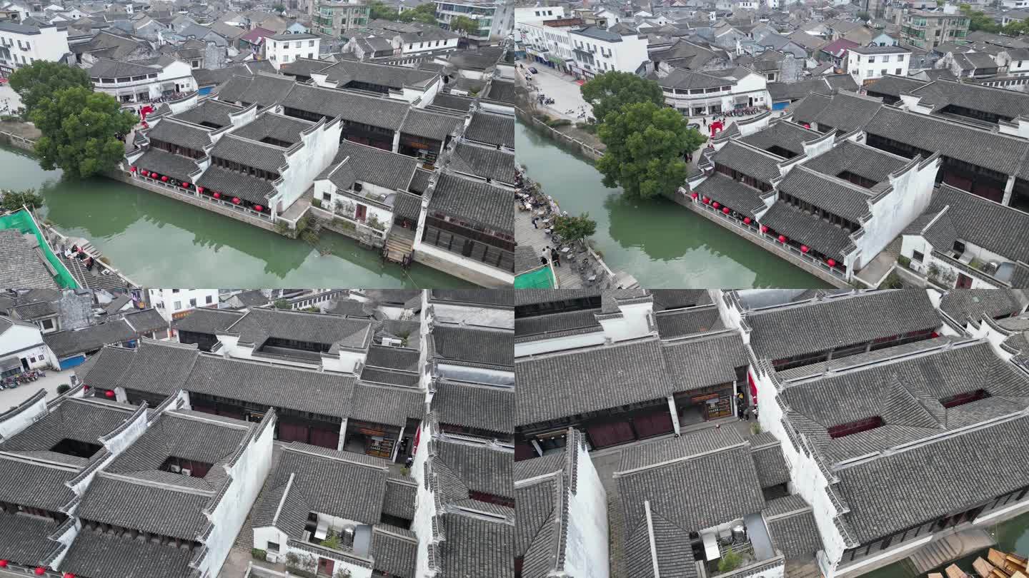 震泽古镇 航拍 寺庙 古塔 水面 游客