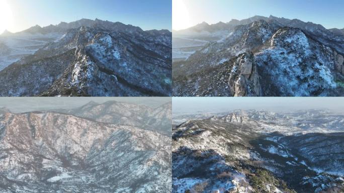 航拍冬季雪后的昆嵛山泰礡顶和莽莽群山