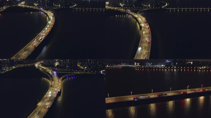 苏州湾大桥跨湖大桥夜景航拍