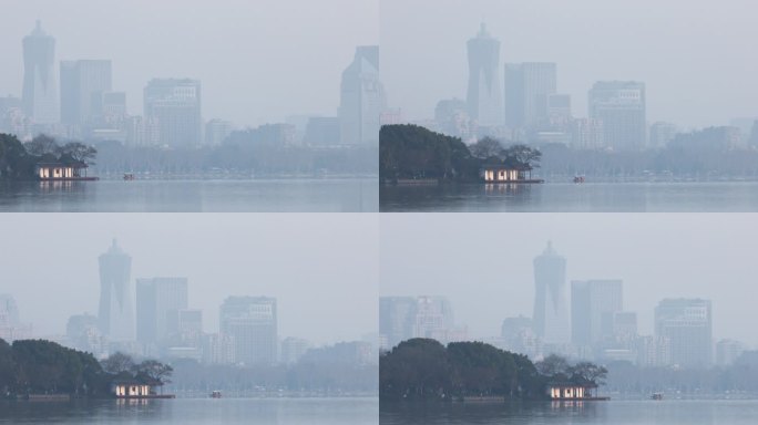 杭州西湖与城市建筑同框空镜