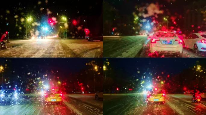 城市雪天安全出行、灯光车影、红绿灯