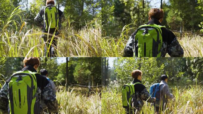 穿越丛林徒步旅行户外探险团队爬山亲近自然