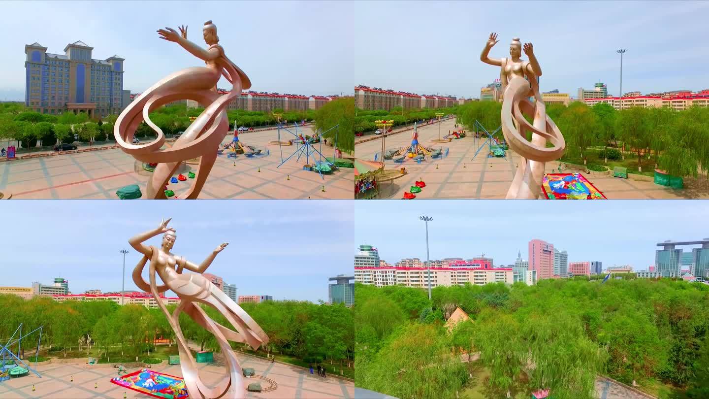 飞天神话人物雕塑，广场艺术航拍素材
