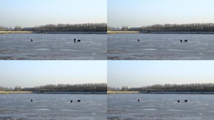 冬天冰上钓鱼游玩