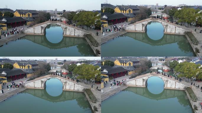 震泽古镇 航拍 寺庙 古塔 水面 游客