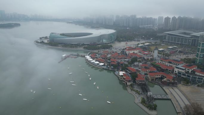 金鸡湖 航拍 大雾 天气 月光码头