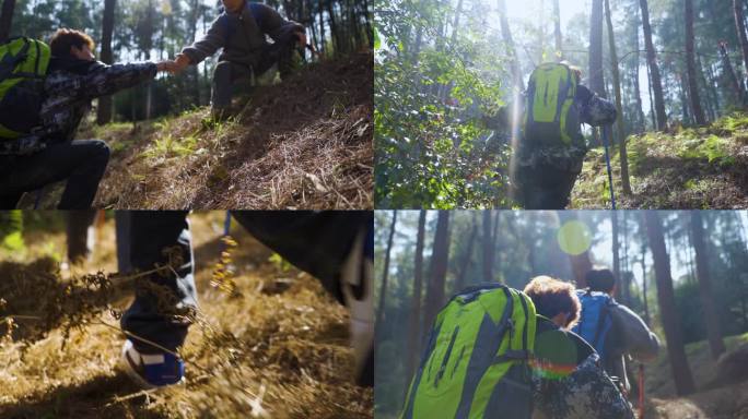 阳光少年户外徒步旅行团队登山手拉手爬山