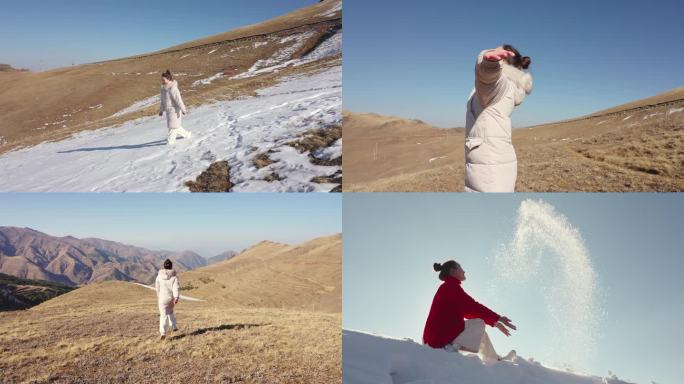 爬雪山过草地冬日大海草山女孩奔跑行走