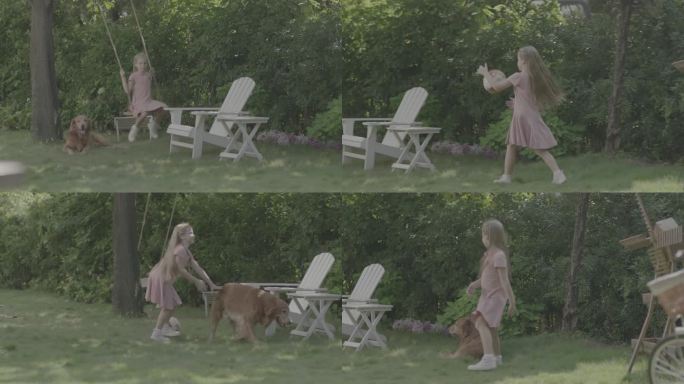 小女孩和狗狗在自家花园中玩耍