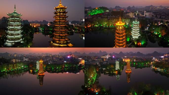 桂林日月双塔航拍夜景