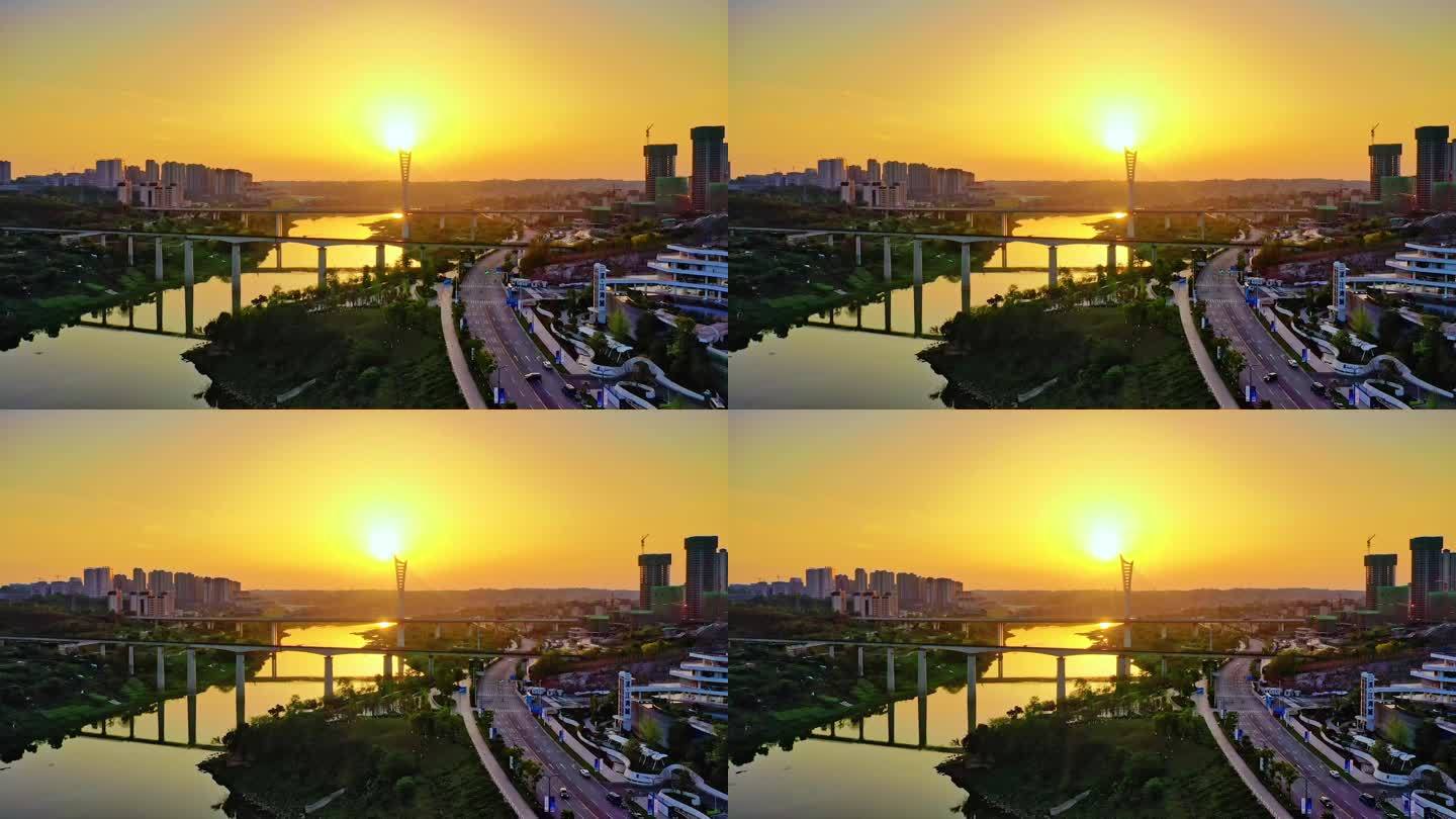 沱江六桥夕阳航拍