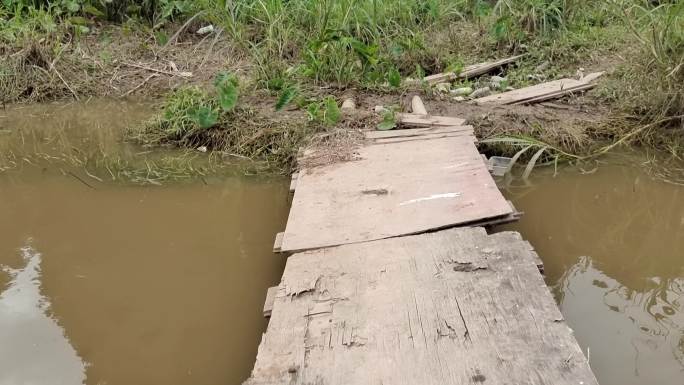 走过木板桥混浊小河水沟污染跨水沟木板桥