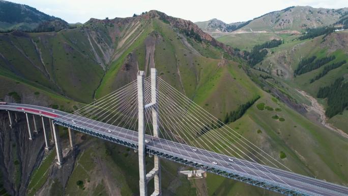 新疆博乐果子沟大桥航拍 壮美斜拉桥