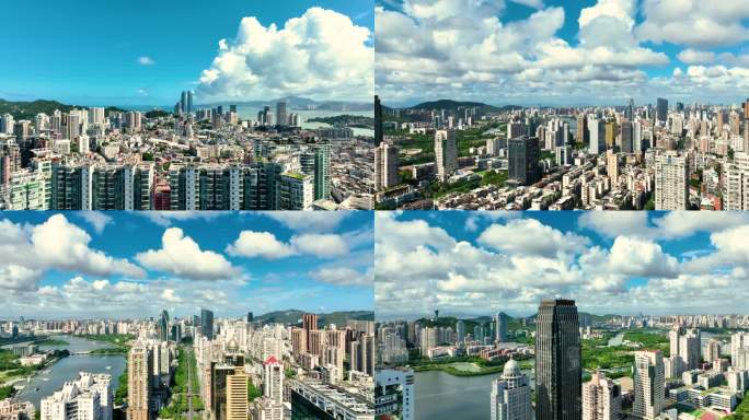 蓝天白云下的厦门市中心4K航拍
