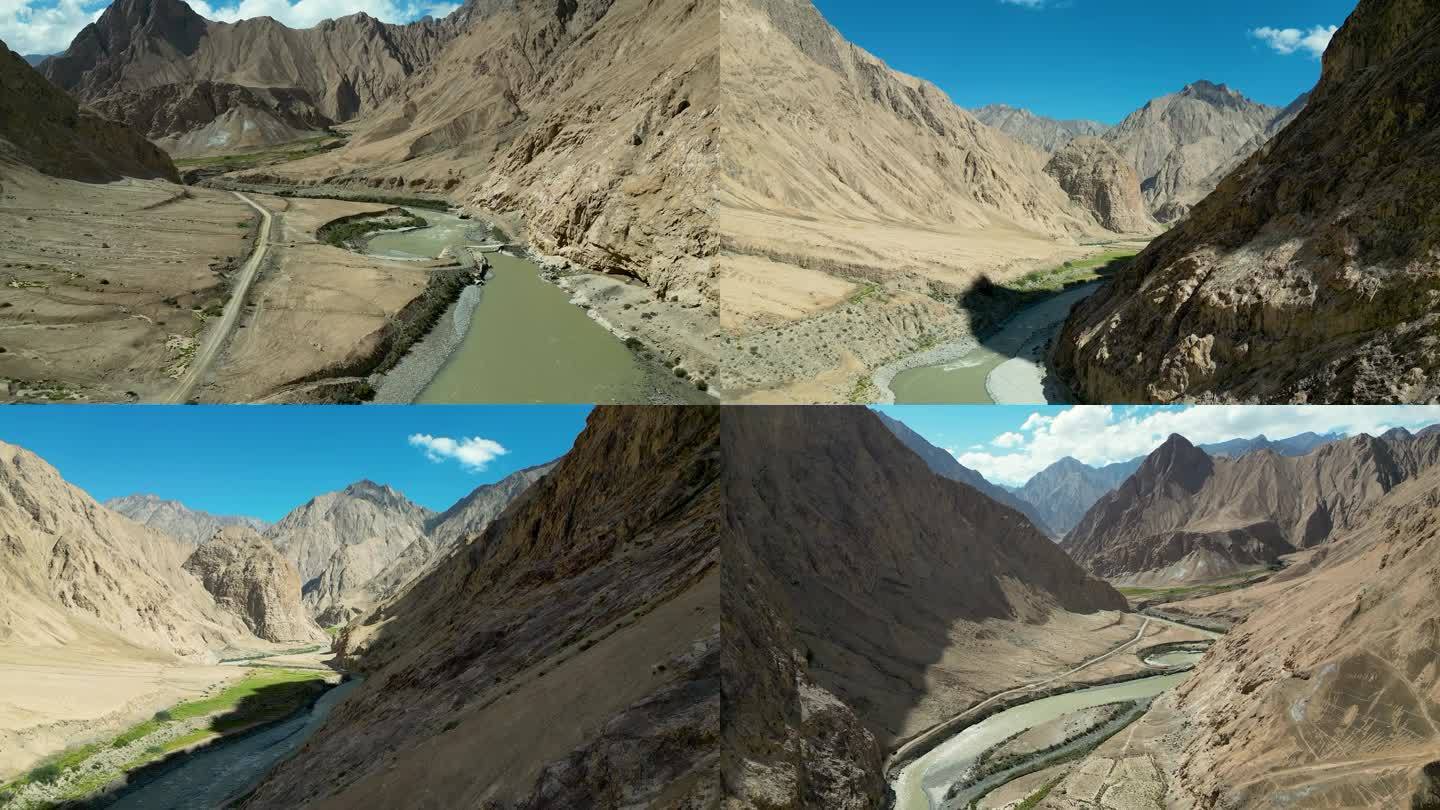 航拍新疆喀喇昆仑山下喀拉喀什河