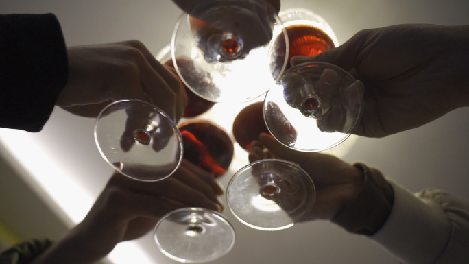 一群端起红酒撞杯 碰杯干杯喝红酒喝酒聚会
