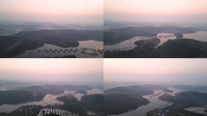 湖北宜昌当阳关雎河畔，山林清晨日出航拍