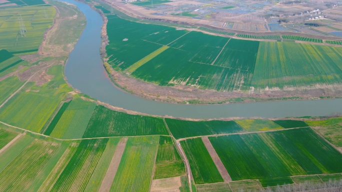 航拍美丽乡村，江汉平原农田风光小麦地农村