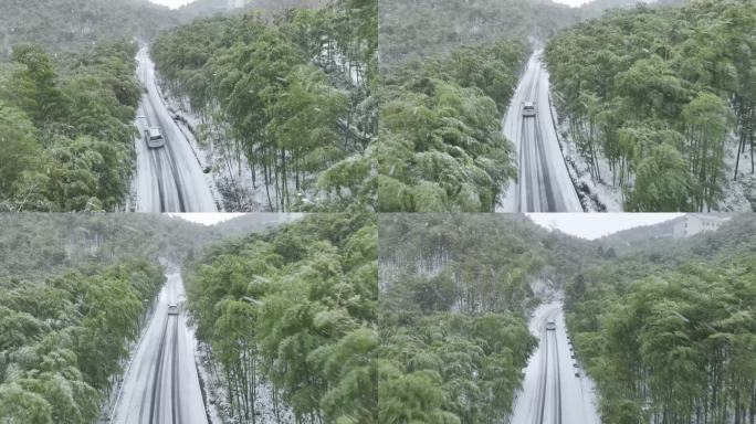 风雪天树林山路跟车航拍
