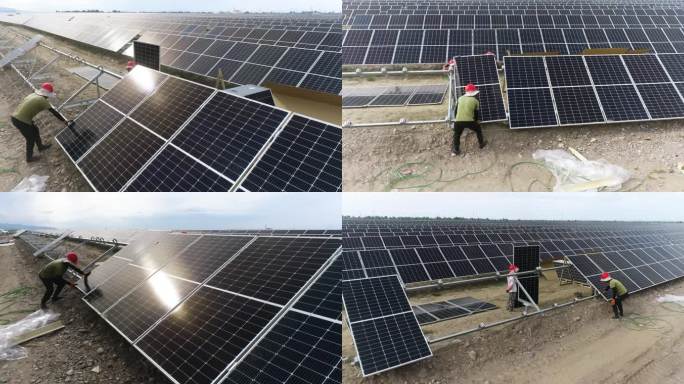 工人安装太阳能板航拍