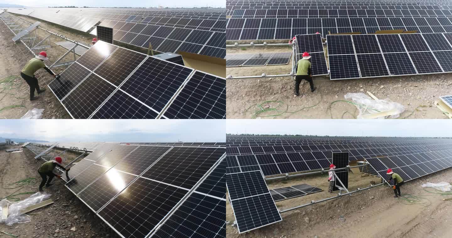 工人安装太阳能板航拍