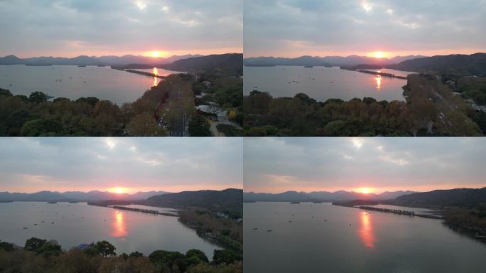 夕阳下的霞光倒映的美丽杭州西湖