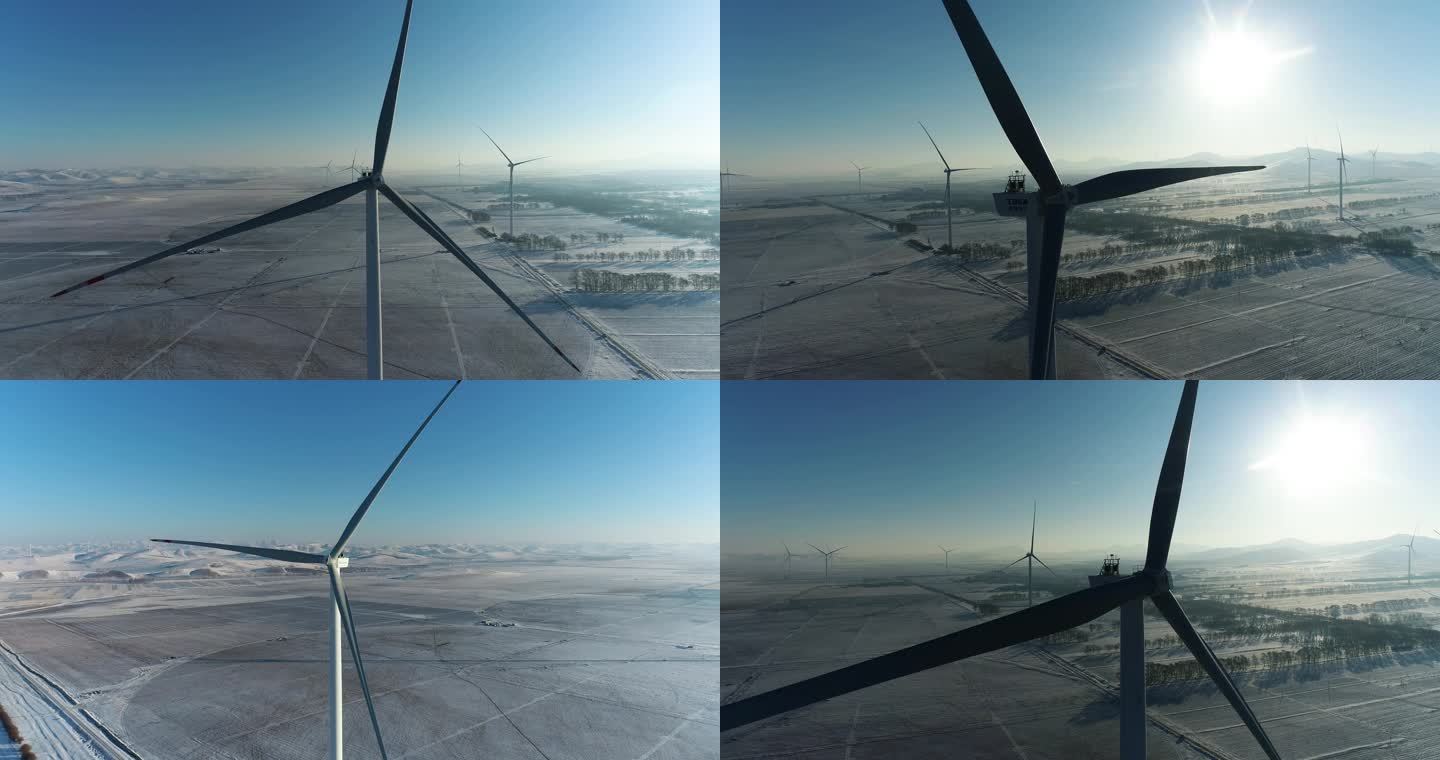 严寒冬季风车风力发电航拍