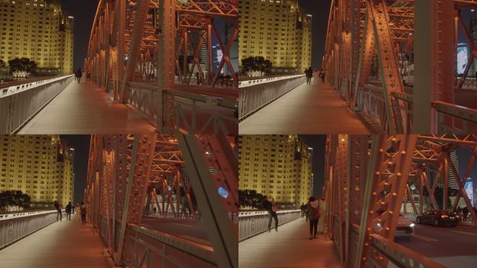 上海外滩苏州河畔外白渡桥结构夜景人流