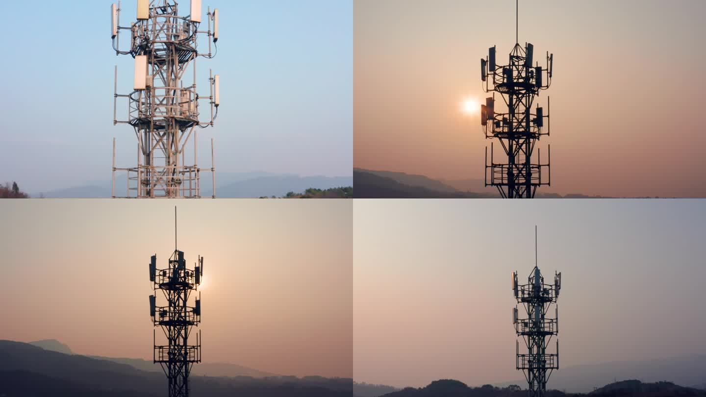 4k航拍夕阳下的通讯塔
