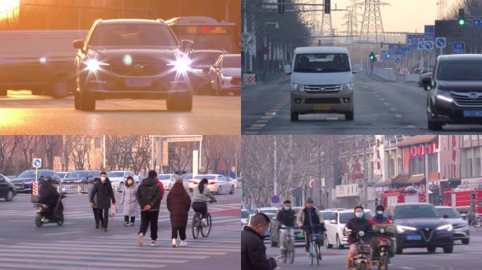 冬天城市车流人流夕阳街道清晨夕阳城市生活